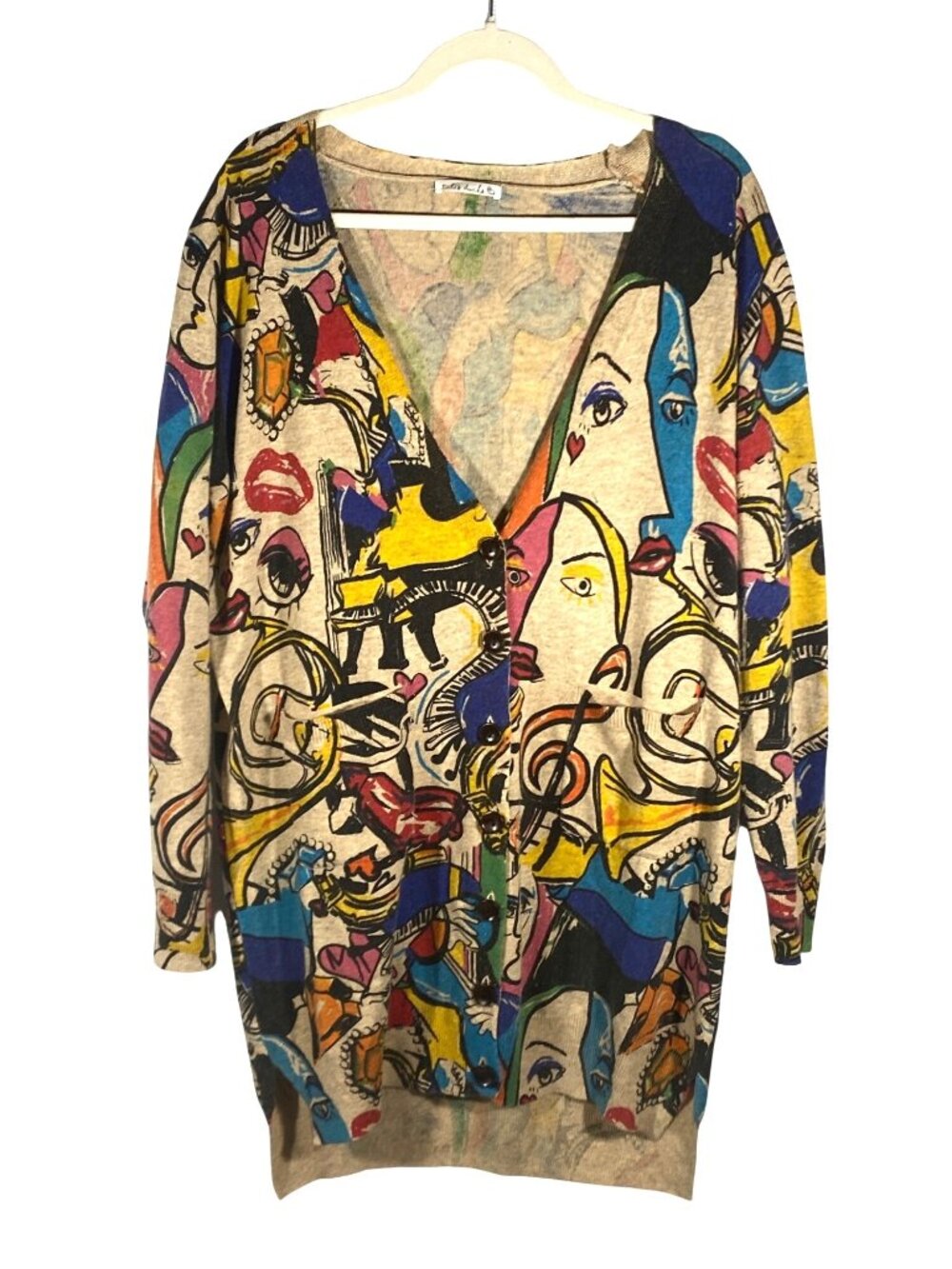 Artsy Abstract Face Print Long Cardigan Sweater Button Front Tetis Ducks unique